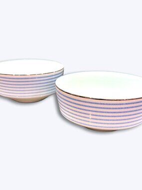 2 Kate Spade Lenox Laurel Street Blue Seersucker Stripe Fruit Bowls Silver Rim